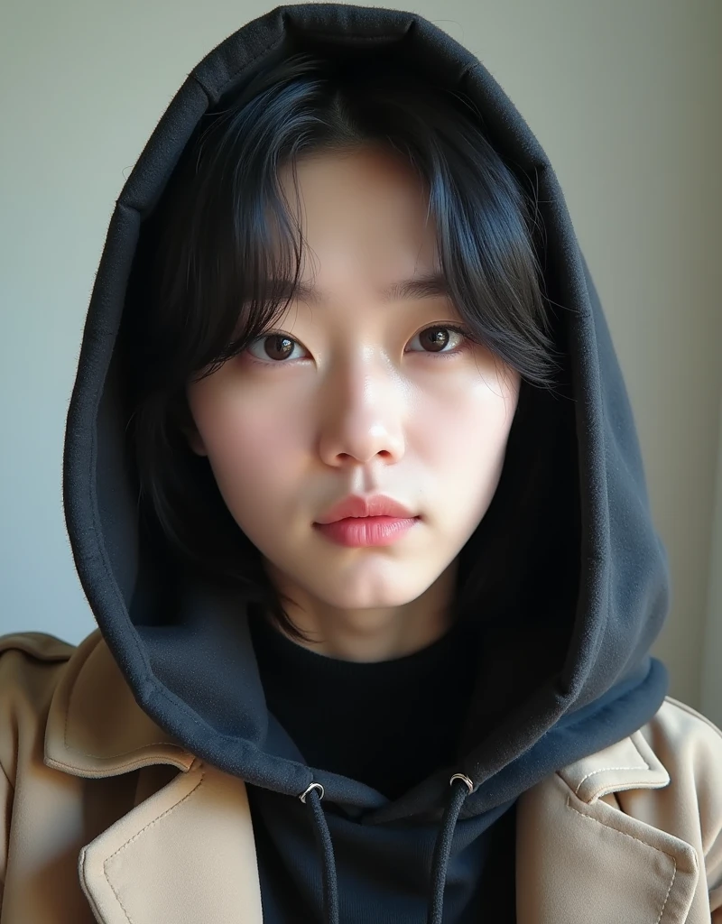 Realistic photo of a 22 year old Korean boy, neck length straight black hair, cute and very pretty face, thick lips, squashing eyes, kpop idol, wearing a hooded coat, POST for Instagram , Selfie, Selfie 