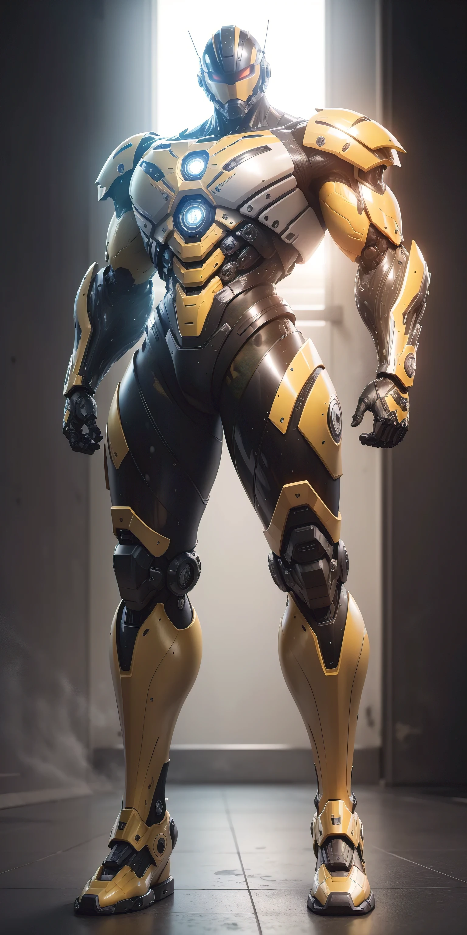 Tall giant muscular Robocop,Exquisite technological helmet visor,Very long legs,Yellow and black camouflage patterned nano mecha,Honeycomb pattern,Lightweight texture,Robocop,Small grid texture,Regular symmetrical texture pattern,Standing in a bright mechanical laboratory,hero,Heroic male pose,Tall burly,muscular!Attractive leg muscles,High target, Burly, Heqiang, Super Buff and Coolness, High Resolution Committee, Bigfoot yellow-gray ultra-thin nano-mechanical boots,Charismatic strongman,The bright sunshine shines on you,Matte particles,Shiny texture