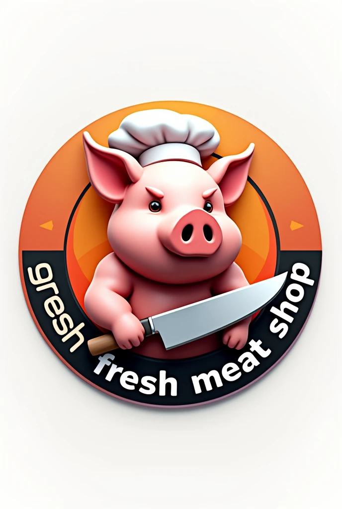 Create logo cyrcle 3D color with animation chief head pork holding chopping knife orange white and black 'QUEEN-CY' 'Fresh Meat Shop' 