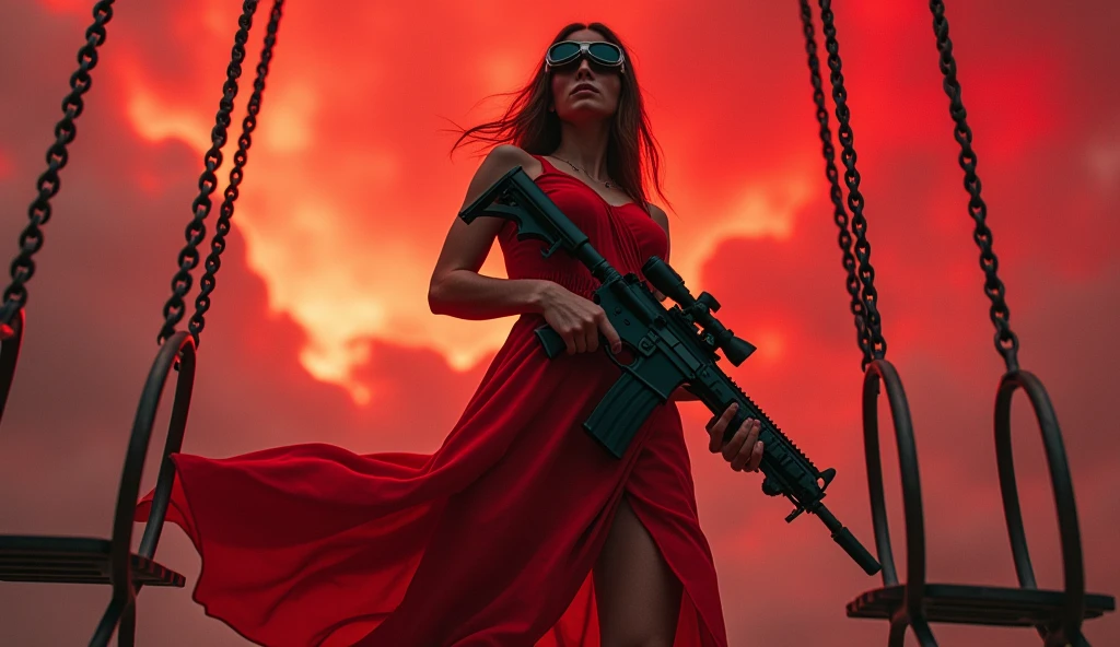 Woman in red dress wearing red tactical googles and holding sniper rifle standing in front of the swings. The sky is chaotic red