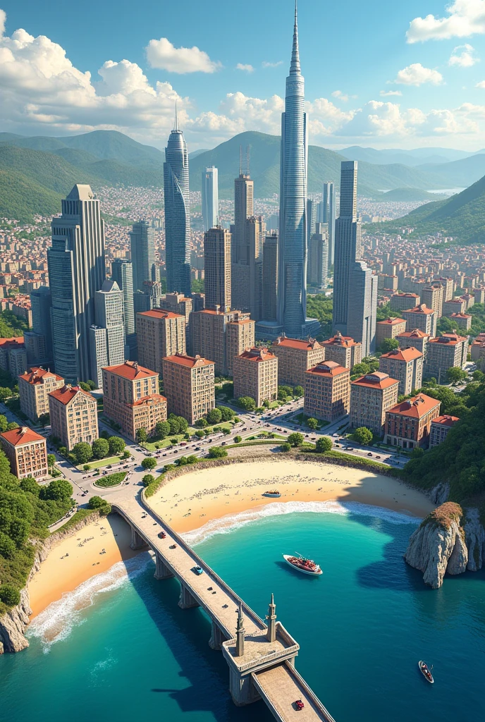 (work of art)), (detailded), 1 city with a European style. ,a view with many cars passing around Beautiful and modern buildings. The small buildings and streets of houses. Very beautiful beach town with a bridge to the other side of the city where there are several buildings
