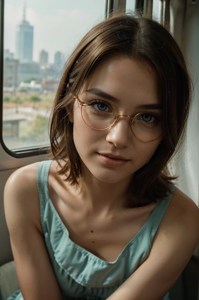 (Best Quality, ultra detailed, golden ratio, masterpiece:1.2), theatrical lighting:0.7, Photo of a woman, dressed in a very elegant and pretty dress, perfect weird face, (very detailed skin), randomly dyed hair, Hide your mouth with your hands.、Ridiculous, skin texture, Pale skin, shiny skin, (delgado, large size:1.2), [:(Sharp focus on strange face, Perfect eyes:1.2):0.2], photorealistic, film grain, put one foot forward、from below looking up、Look at camera、Highlight the shoulders, Focus on face、socks、Glasses、Smile with the corners of your mouth raised.、disdainful expression, summer haze, Muted colors, warm, muted colors, Photo cinematographic portrait of a woman dressed in a striped dress sitting by the window in the early morning, cinematographic, (Tilted:1.3) (on an old train) look cautious, standing under a spotlight, volumetric dust clouds, light key, Backlight, soft natural lighting, photography Film grain ISO 400 30mm RAW f1 lens.8 opening, Very detailed (Analogic photograph:1), Colores HDR