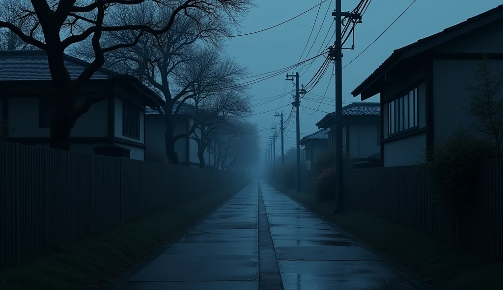 horor, Anime Style, dark atmosphere, Intricate details, Structure of the film, Dramatic Shadows, Mysterious, Creepy, Otherworldly, A calming color palette, chiaroscuro lighting, Ultra-detailed, masterpiece, highest quality, 8k, Realistic, morning. A typical Japanese school route lined with houses. The scene is serene yet eerie. The air is thick and you feel an unnatural presence. Dark shadows swirl around the path, creating a sense of impending doom.