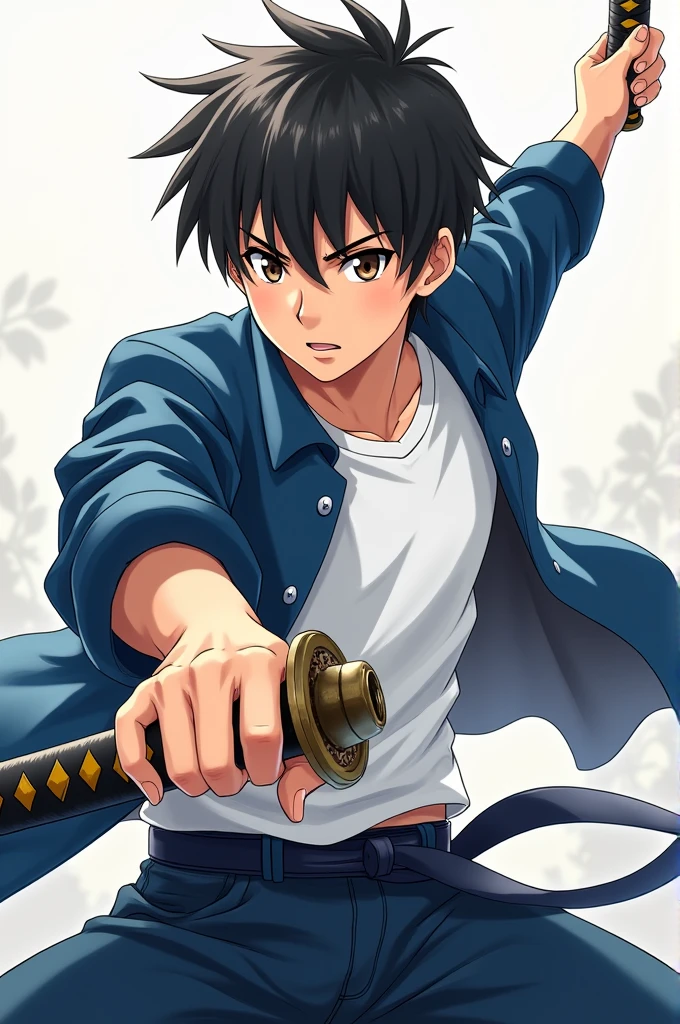 1 anime boy with brown eyes and black hair wearing a white t-shirt and a blue jacket and holding a katana in a fighting stance