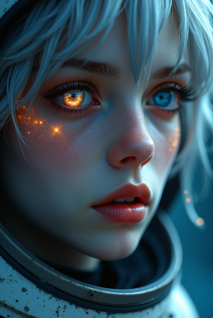 (Close-up of a better masterpiece:1.5)0.9], (Space and astronauts:1.2) (Messy silver hair:1.1) (Heterochromia xanthochromia and blue eyes:1.2) (Space Helmet:1.0) (Colored stars in the eyes:1.0) (A radiant glow:1.1) (thick lips:0.9)