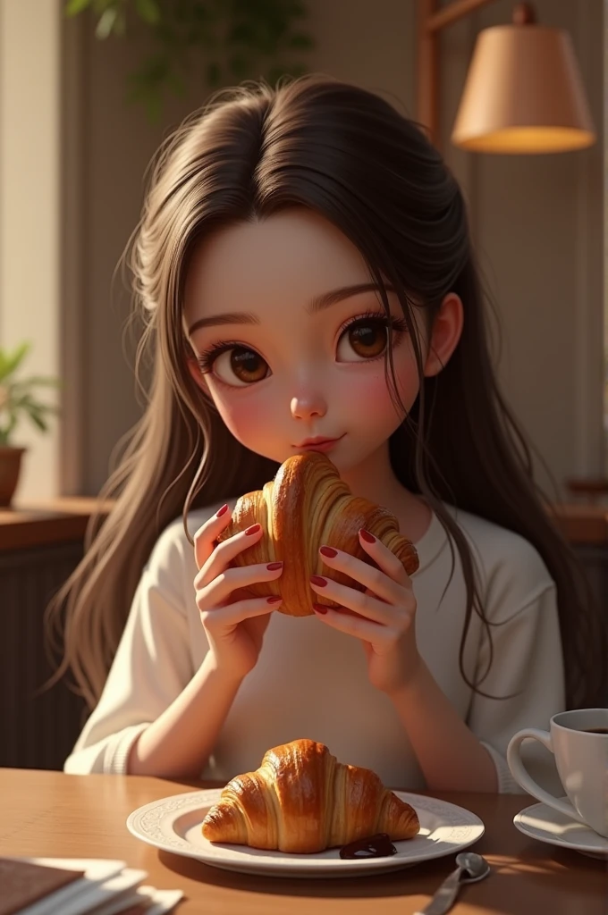 A girl eating a chocolate croissant