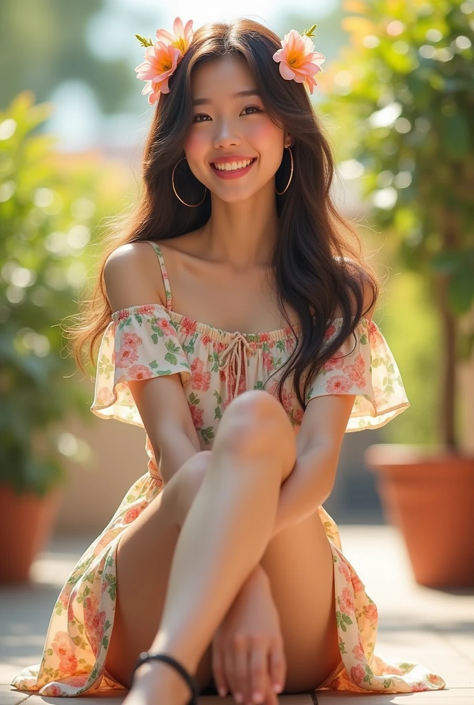 Ultra high quality，High heel，Long legs，happy，Sunlight，Off-shoulder，Floral skirt，full-body shot，Wear flowers on your head，charming，student，Cross your legs
