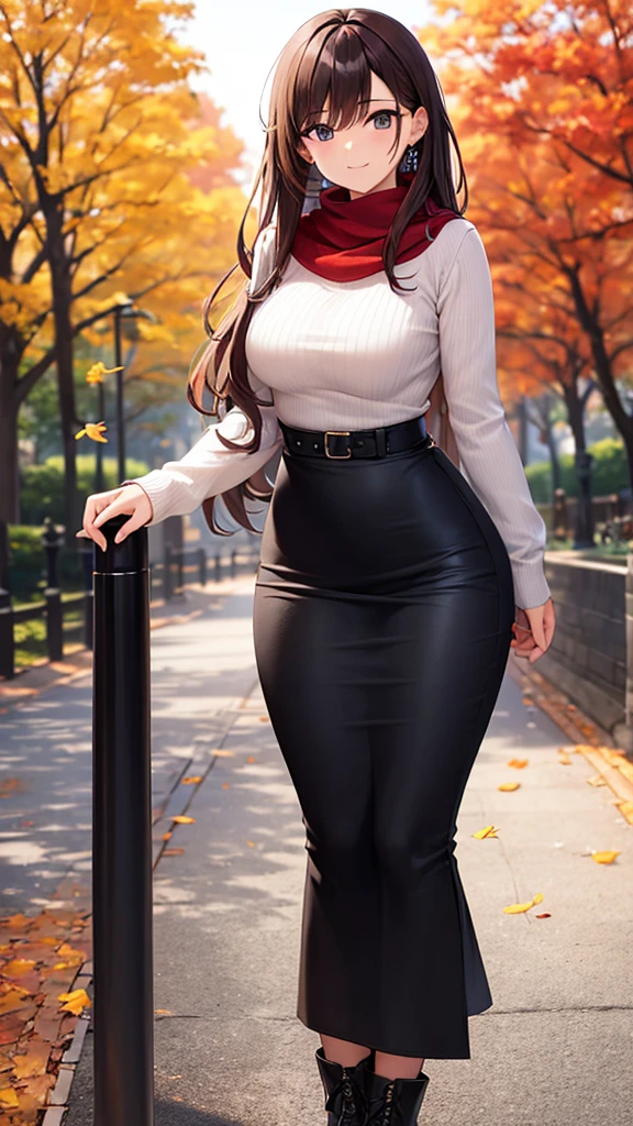 masterpiece, best quality, high detail, beautiful woman, long hair, red hair, large bust, ((brown sweater)), black midi pencil skirt, (((long black skirt))), tight pencil skirt, wide hips, red scarf, boots, looking at viewer, light smile, fall background, autumn leaves, tree, park, garden
