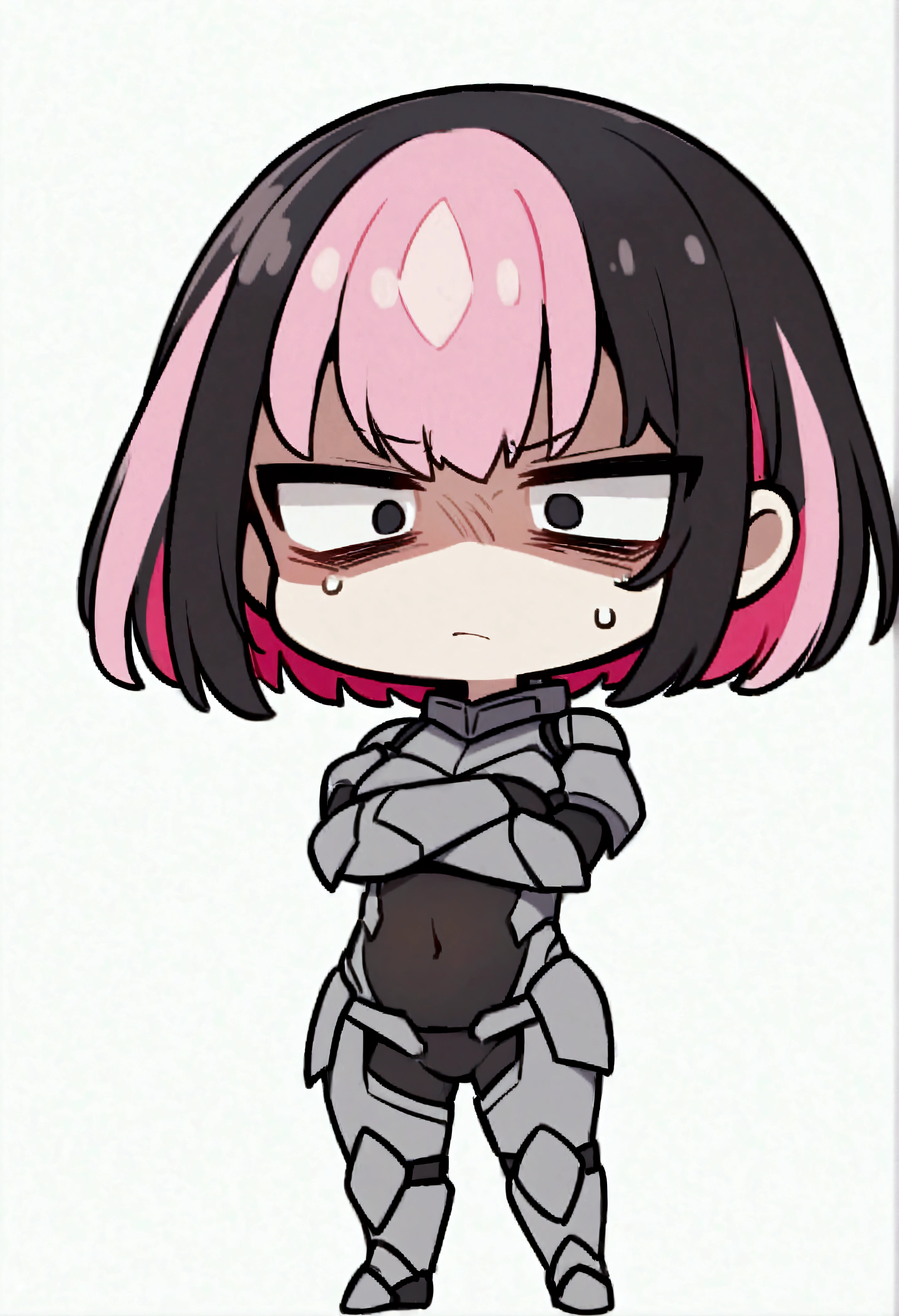 solo、1 person、short hair、Black Hair、Colored Hair、Multicolored Hair、Pink Hair、black eye、Sagging under the eyes、Armored body suit、Covered navel、Arms crossed、Disgust、Simple Background、White background Chibi、Staring at the audience、