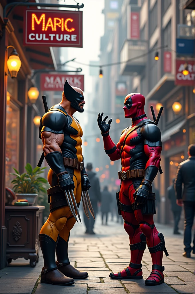 Wolverine and deadpool discussing near a shop named arikculture