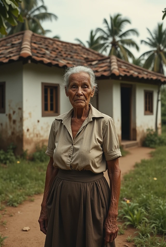 Old woman standing in front of an old house in the 1950s in northeastern Brazil