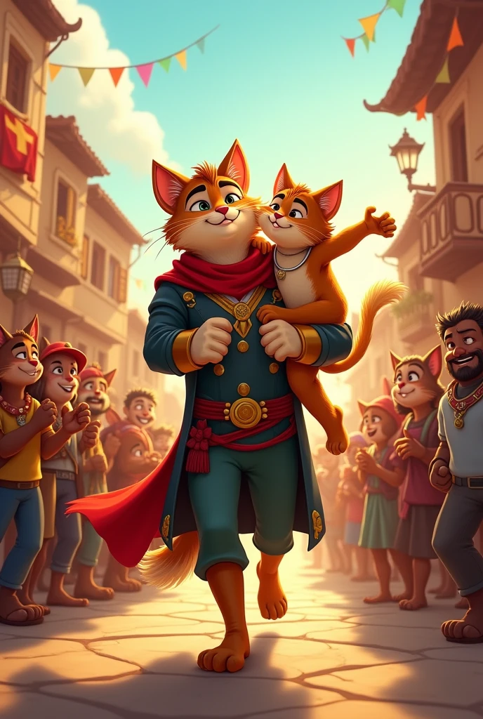 **Captain Whiskers and Paws Return to the Village:**
- Captain Whiskers, holding his daughter Paws in his arms, walks triumphantly through the village as the villagers cheer. The village is bathed in warm sunlight, with everyone smiling and celebrating their return. Paws looks up at her father with admiration, while Captain Whiskers is both relieved and proud.