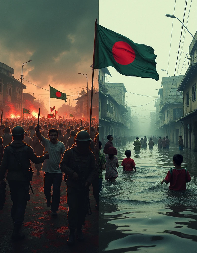 Create an image divided into two powerful scenes, unified by the presence of the **Bangladeshi flag** symbolizing resilience:
- **Left Side:** A vivid and intense portrayal of the **Bloody July** protests in Bangladesh against a dictator government. The scene should depict determined Bangladeshi protesters clashing with heavily armed forces. Banners and flags, including the Bangladeshi flag, are raised high, with streets filled with tear gas and the red of blood symbolizing the cost of fighting for freedom. The atmosphere is tense, with dark clouds overhead, representing oppression and the struggle for justice.
- **Right Side:** A contrasting yet equally dramatic depiction of **Floody August** in Bangladesh, showing the devastating effects of floods caused by India's dam opening without notice. Submerged homes, people wading through waist-deep water, desperate families seeking refuge on rooftops, and the Bangladeshi flag standing tall amidst the chaos. The background features raging waters overwhelming everything in its path, conveying the feeling of betrayal and despair. The water is tinged with darkness to reflect the anger and sorrow of the people.
The overall mood should be somber yet resilient, with a seamless transition between the two scenes, highlighting the ongoing struggle and suffering of Bangladesh. The Bangladeshi flag should be a prominent, unifying symbol across both sides of the image, representing hope and resistance.