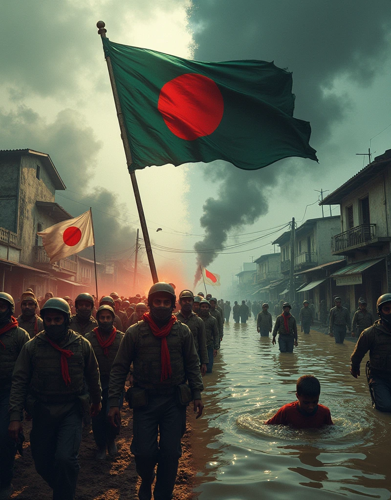 Create an image divided into two powerful scenes, unified by the presence of the **Bangladeshi flag** symbolizing resilience:
- **Left Side:** A vivid and intense portrayal of the **Bloody July** protests in Bangladesh against a dictator government. The scene should depict determined Bangladeshi protesters clashing with heavily armed forces. Banners and flags, including the Bangladeshi flag, are raised high, with streets filled with tear gas and the red of blood symbolizing the cost of fighting for freedom. The atmosphere is tense, with dark clouds overhead, representing oppression and the struggle for justice.
- **Right Side:** A contrasting yet equally dramatic depiction of **Floody August** in Bangladesh, showing the devastating effects of floods caused by India's dam opening without notice. Submerged homes, people wading through waist-deep water, desperate families seeking refuge on rooftops, and the Bangladeshi flag standing tall amidst the chaos. The background features raging waters overwhelming everything in its path, conveying the feeling of betrayal and despair. The water is tinged with darkness to reflect the anger and sorrow of the people.
The overall mood should be somber yet resilient, with a seamless transition between the two scenes, highlighting the ongoing struggle and suffering of Bangladesh. The Bangladeshi flag should be a prominent, unifying symbol across both sides of the image, representing hope and resistance.