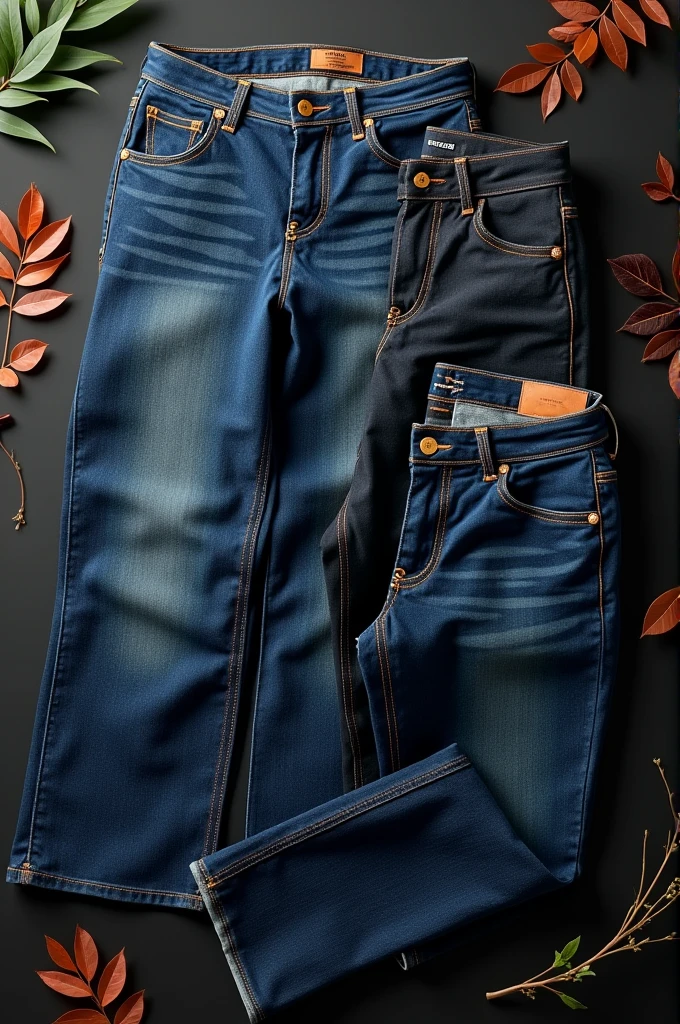 Create a men jeans front page having jeans of different colours in dark premium theme 