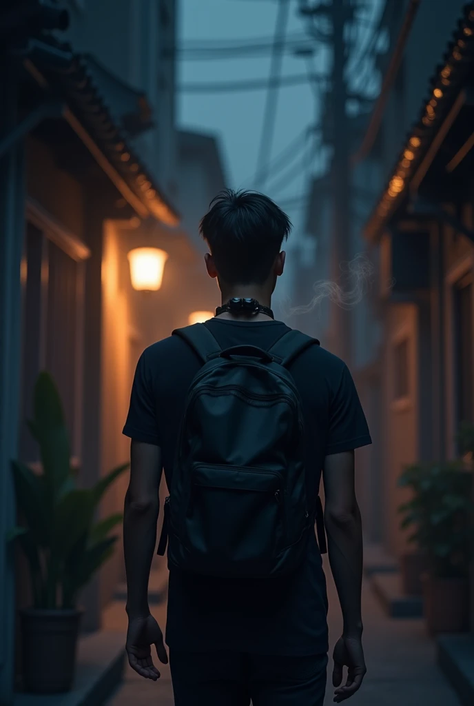 (photorealism:1.2), a handsome young man(1 inch short hair, wearing a slim fit black t-shirt, headphones around his neck, backpack, walking down the alley towards his house, dithe night, smoking produces smoke(like real), the night, , the street light shines on him.