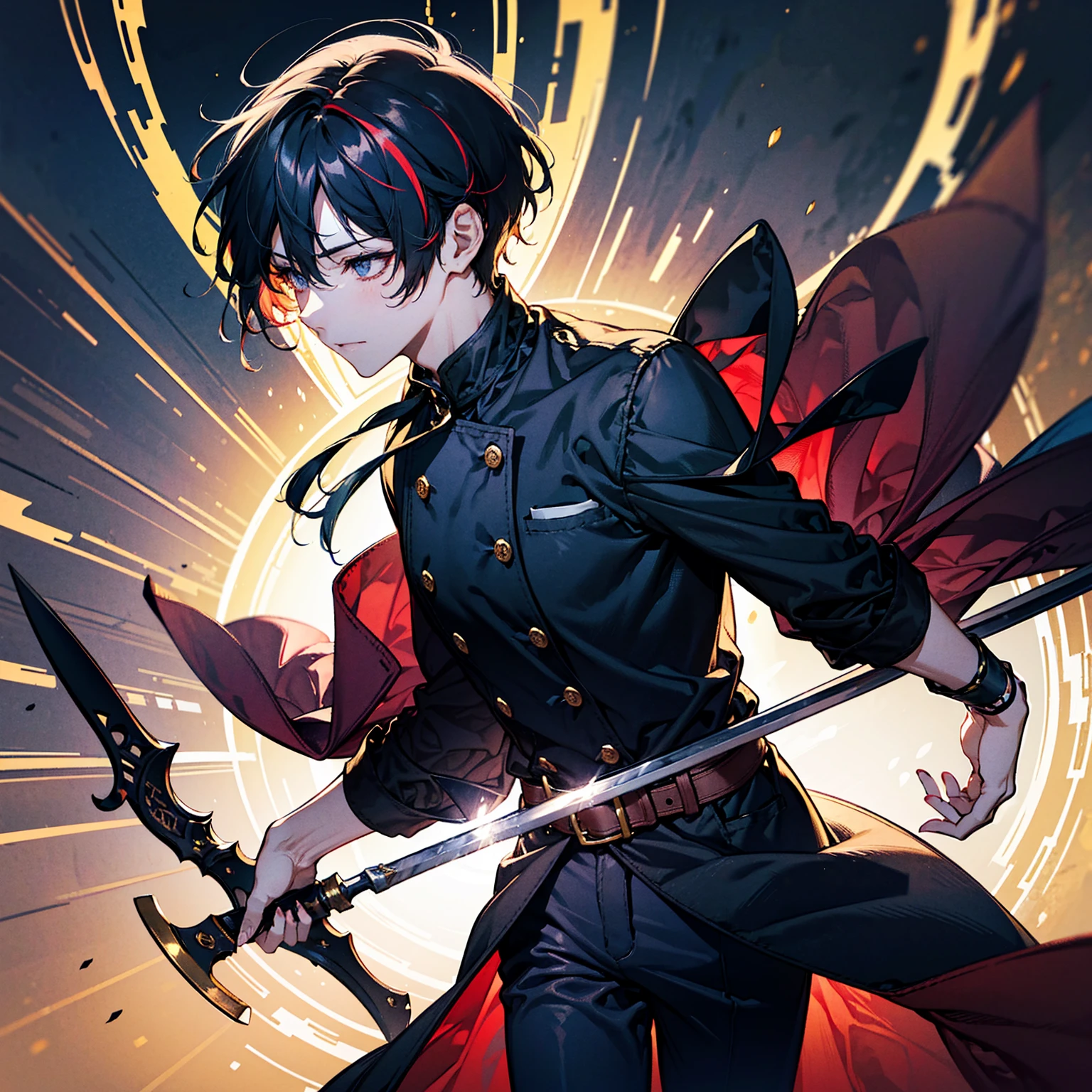 23-year-old male, 180cm tall, androgynous beauty, sharp golden eyes, short messy flame-red hair with a single vibrant red streak, medium build, ethereal appearance, wearing a disheveled black dress shirt with rolled-up sleeves, black skinny pants, holding a chef's knife surrounded by magical flames, sword master, various floating cooking utensils emitting sparks and embers, twilight sky background, reflective water surface, detailed anime style illustration, intense expression with slight smile, hidden power aura, culinary magic theme, fire and sparks swirling around the character