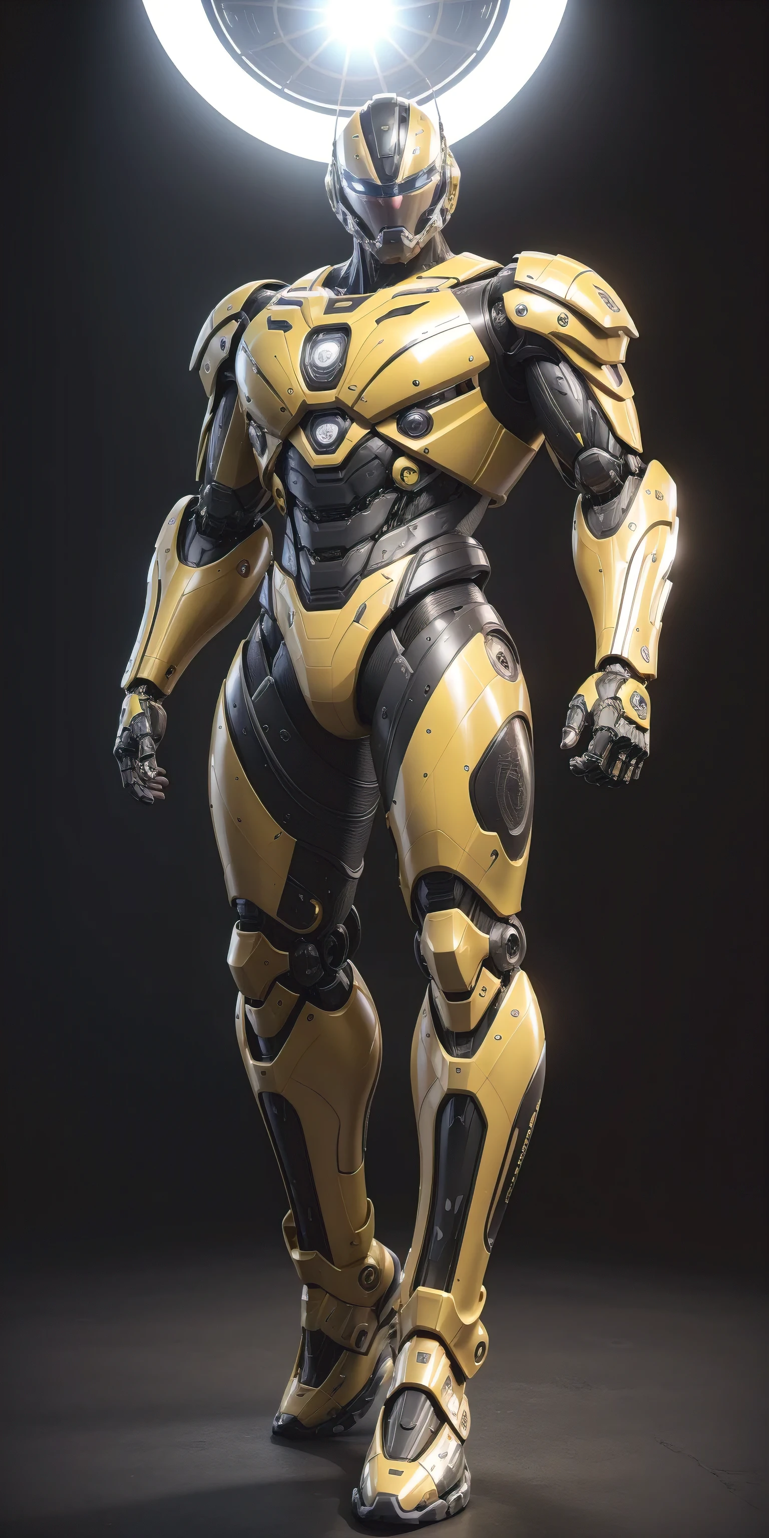 Tall giant muscular Robocop,Exquisite technological helmet visor,Very long legs,Yellow and black camouflage patterned nano mecha,Honeycomb pattern,Lightweight texture,Robocop,Small grid texture,Regular symmetrical texture pattern,Standing in a bright mechanical laboratory,hero,Heroic male pose,Tall burly,muscular!Attractive leg muscles,High target, Burly, Heqiang, Super Buff and Coolness, High Resolution Committee, Bigfoot yellow-gray ultra-thin nano-mechanical boots,Charismatic strongman,The bright sunshine shines on you,Matte particles,Shiny texture