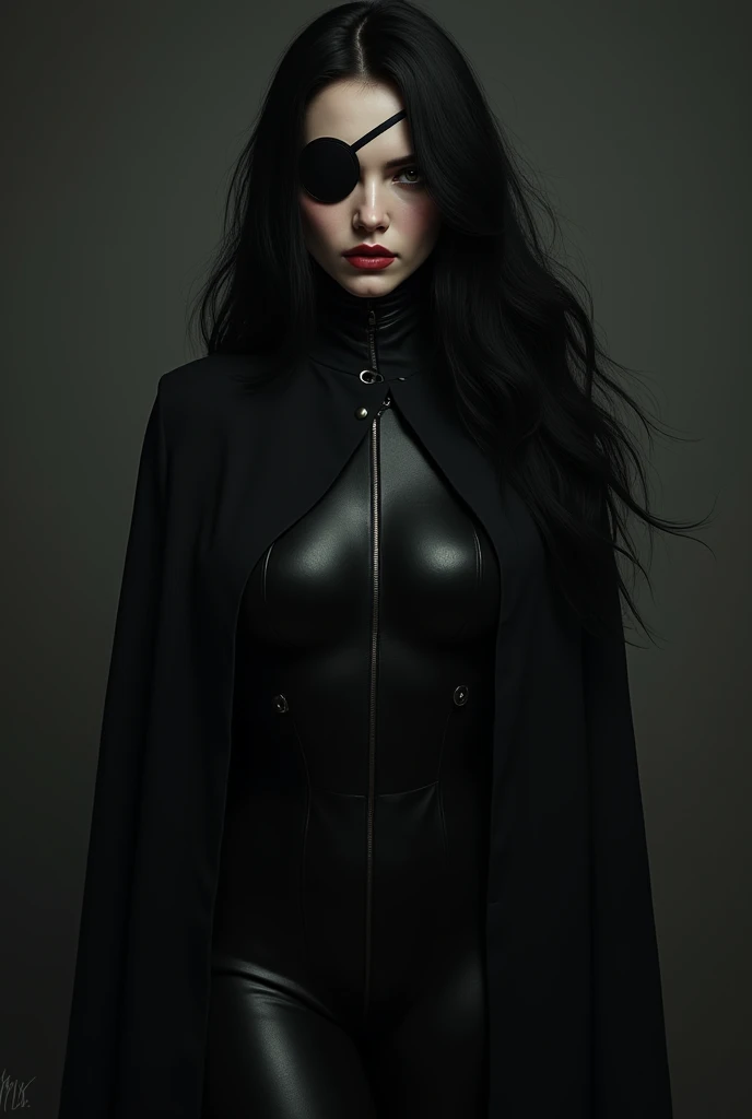 woman with long black hair, in a long black coat and latex leggings and with an eye patch over her right eye