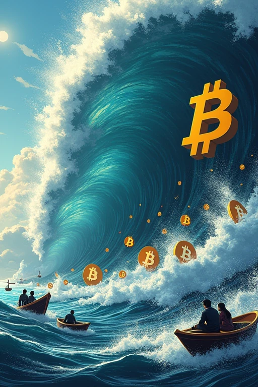 Digital illustration of a massive tidal wave made of Bitcoin symbols, originating from a stylized Mt. Gox logo. The wave is crashing towards various cryptocurrency exchange logos (Bitstamp, Kraken, etc.) floating on a turbulent crypto market sea. In the foreground, small boats with people representing investors navigate the choppy waters. Some boats are rising with the wave, others seem to be avoiding it. In the sky, a large balance scale looms, with Bitcoin on one side and Yen symbols on the other, symbolizing the compensation process. Use a dramatic color palette with deep blues for the sea, golden oranges for the Bitcoin, and stark whites for the wave's foam. Include small details like price charts on floating debris and a calendar showing '2014 to 2024' to represent the time passed since Mt. Gox's collapse.