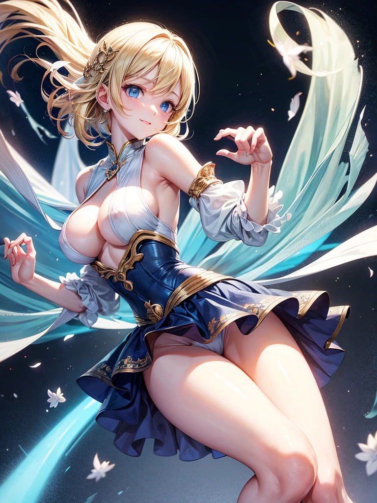 Anime style, super fine illustration, super clear illustration, highly detailed, beautiful detailed, super pale tone image, super delicate illustration, super calm & static image, static representation, gentle expression, happy expression, 8k, pretty 1girl with blonde straight short hair & blue eyes & a bright smile & huge breasts & nipples & soft fair skin is wearing the reggae dancer black costume, on the stage, solo, complete fingers, perfect fingers, perfect arms, perfect legs, masterpiece.