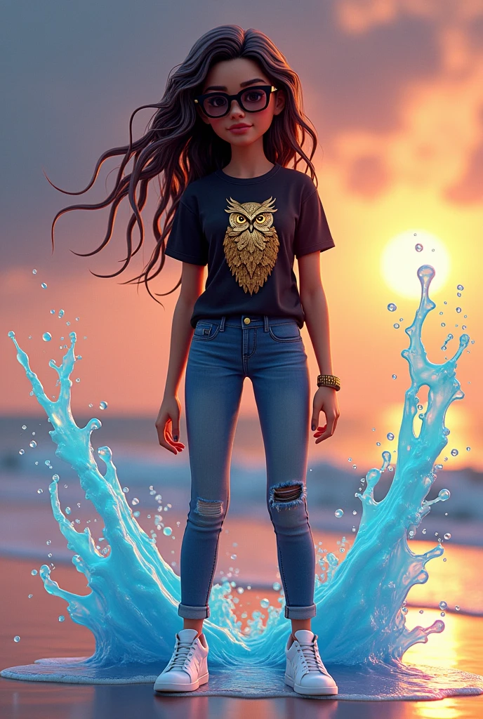 ✨️Create a 3D illustration of a realistic young woman character coming out of social networks Facebook. The character name is Suja AI Art, and wears jeans, Black t-shirt with golden owl appliqué on it, y white sneakers, dark sunglasses, colored water effect. The background is the social media profile page with a username "Dirty AI ART" and his profile picture and the beautiful sunset profile cover on the beach. No