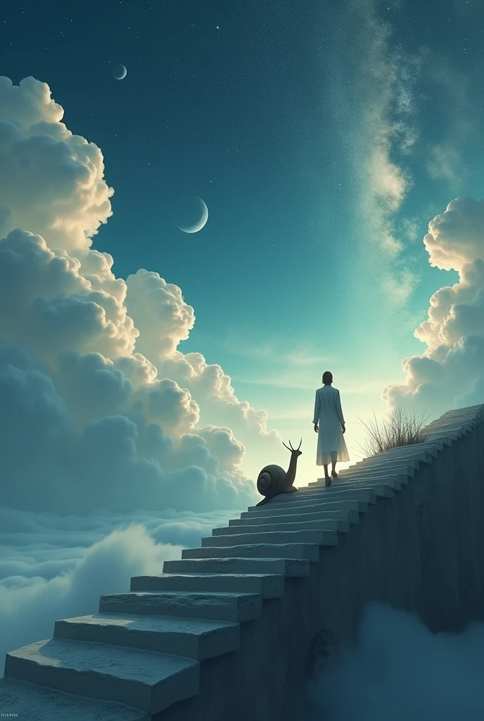 In another dimension, Little by little like a snail I climbed the step, night of high like cotton clouds