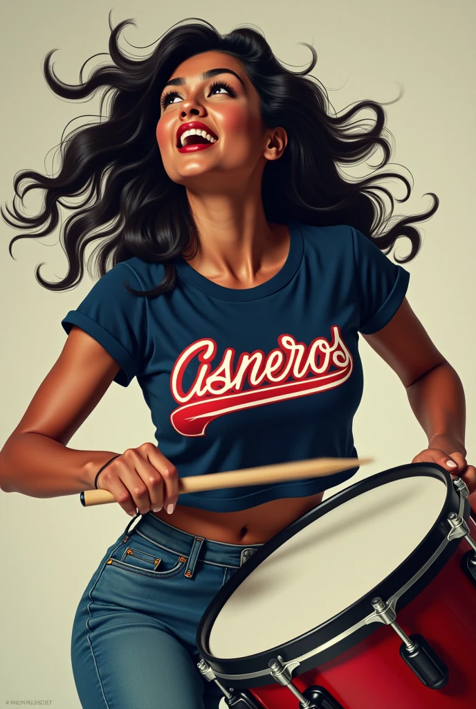 Woman wearing a navy blue, red and white t-shirt that says "Cisneros" playing a bass drum
