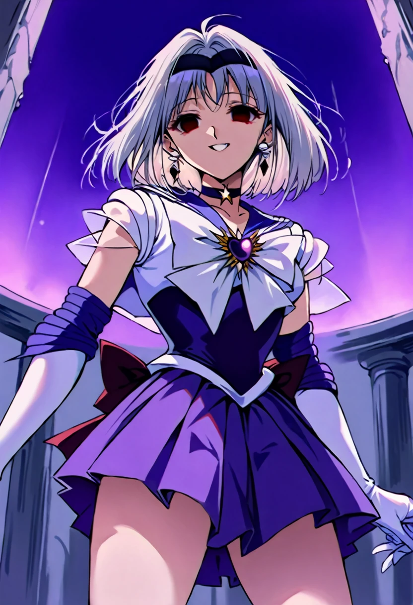 (masterpiece, Highest quality, so beautiful, Very detailed), Intricate details, 12k, Honestly,In awe of the Sailor Saturn XL,sailor senshi uniform,jewelry,skirt,choker,star choker,sailor collar,bow,brooch,star brooch,purple sailor collar,purple skirt,gloves,tiara,short hair,white gloves,earrings,elbow gloves,pleated skirt,, Are standing, Cowboy Shot,,(Wicked Smile:1.2), One person,(Silver Hair:1.4),(empty eyes,:1.4),From below,Watching the dawn,Dark aura,View your audience,(red eyes:1.2),