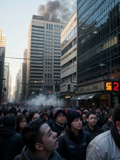 Terrified crowd, People with fear, on the street of a big city, tall buildings around, lots of smoke