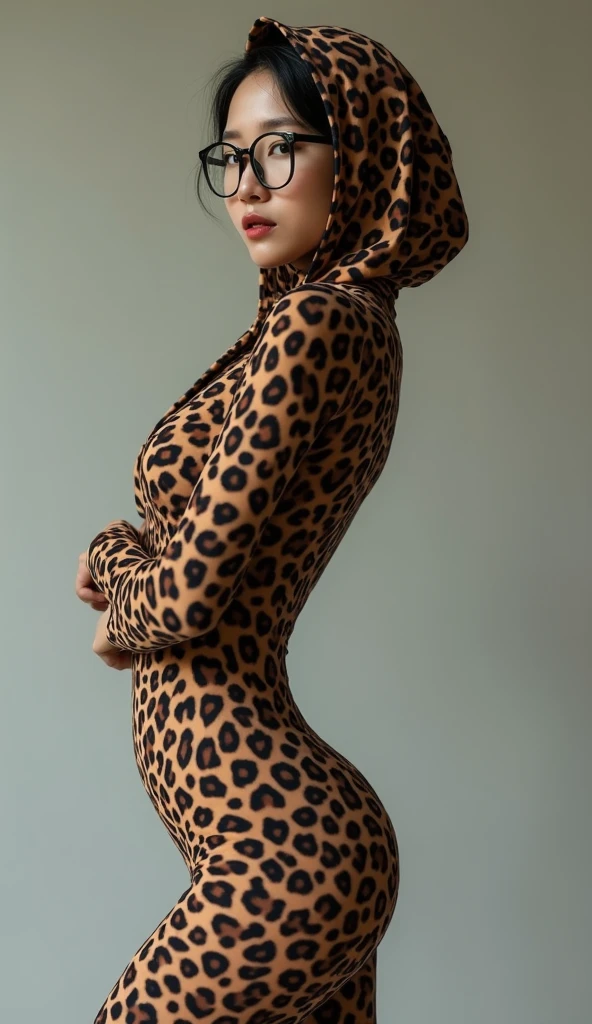 a most beautiful and thin 3 chinese contortion woman is wearing a pair of glasses wears leopard lycra footed turtleneck unitard catsuit.She always wear leopard unitard hijab-like hood.She is the most beautiful and has beautiful cheeks.
