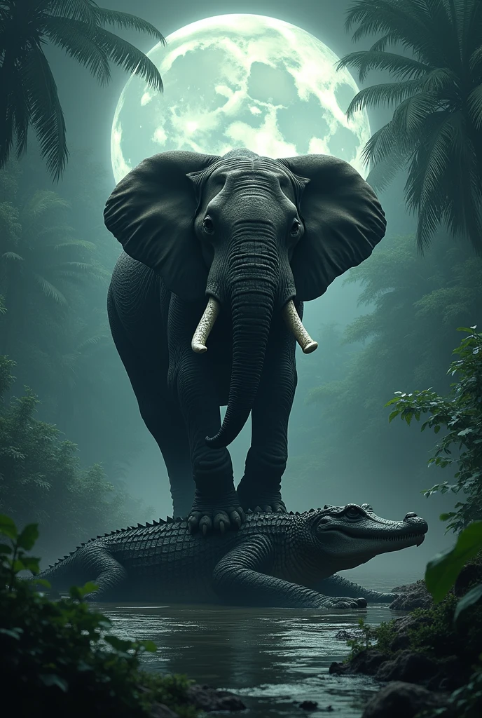 In a moonlit jungle, A crocodile lies dead on the ground in a jungle. An elephant stands with both of its front feet on top of the crocodile.