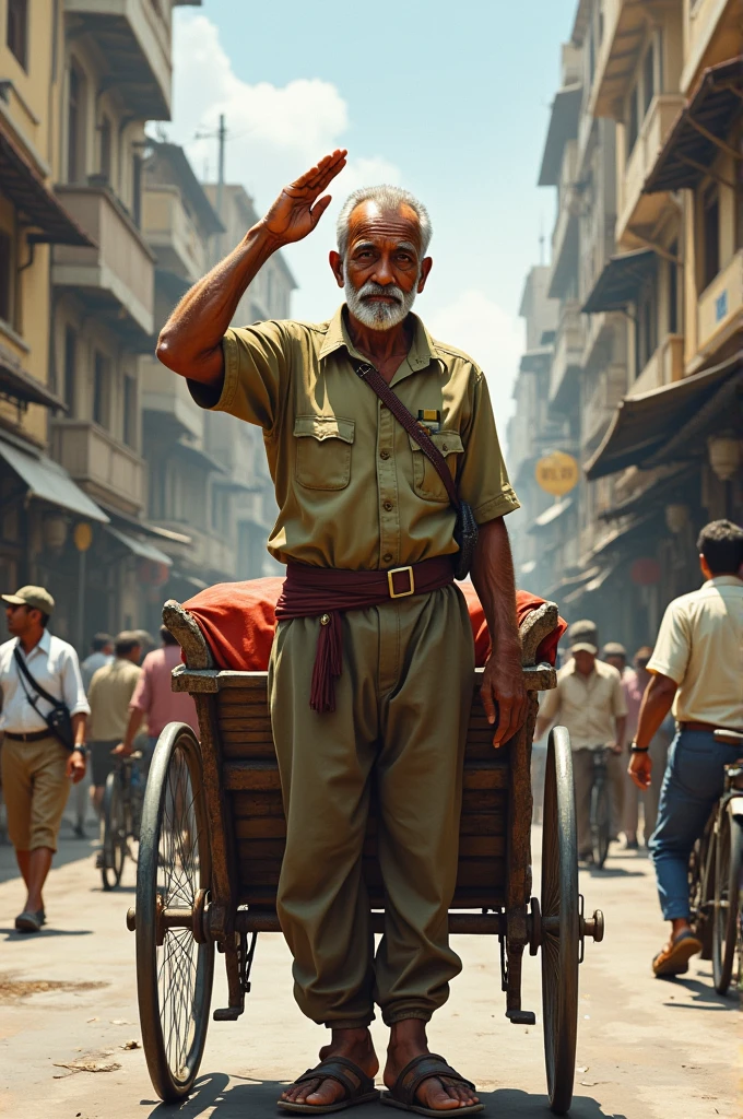 rickshaw puller drawing giving salute