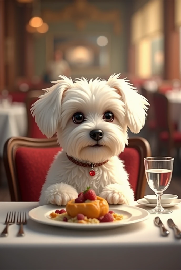 Maltese dog at a restaurant