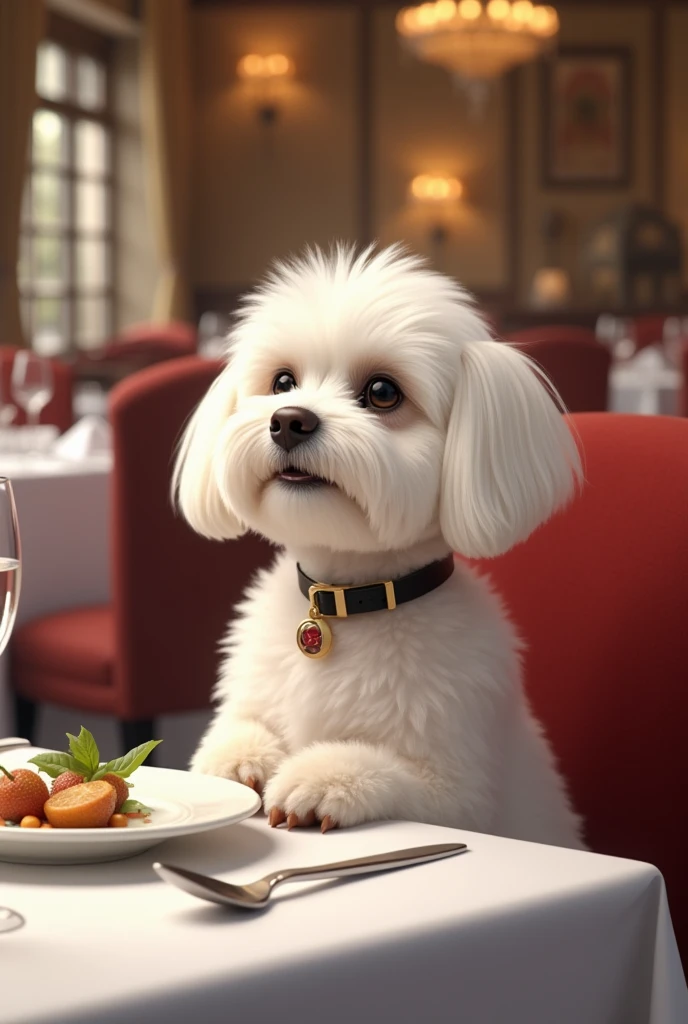 Maltese dog at a restaurant