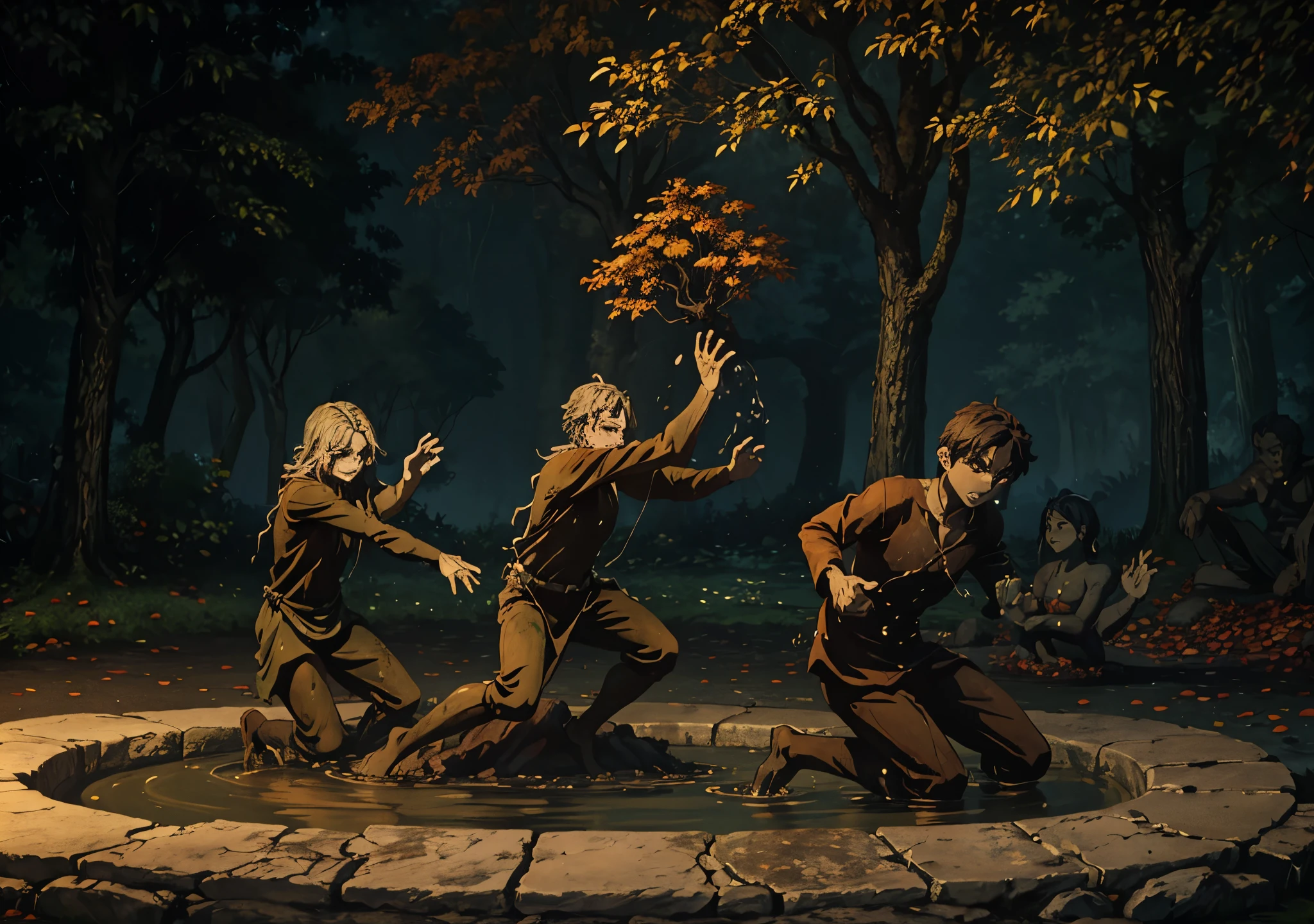 forst, Thu, 2d, dark surroundings, dried leaves, Apple falling to the ground, dark evening, several bown human sculptures with expressions of fear, a fountain of water coming out mud, ampty, only with brown sculptures , sculptures looks like running with fear or pain