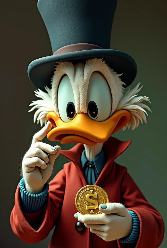 Uncle Scrooge with a coin in his hand
