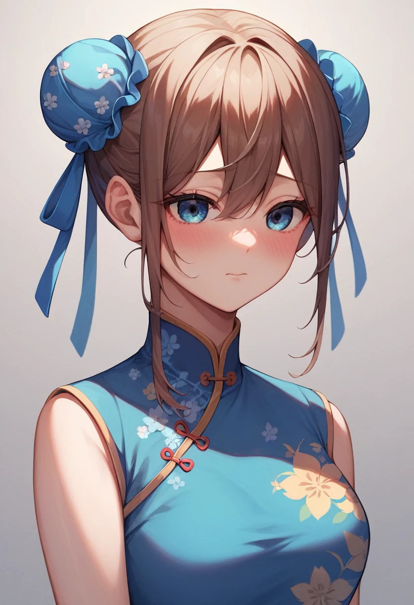 masterpiece, Top quality ï¼Œ ï¼Œ1 person, nakano miku, alone, Double Bang, China dress, bun cover, Upper Body, blush, Floral print, Mouth closed, Short sleeve, View your viewers, Alternative costume, Blue clothes, Blue Ribbon,Brown Hair