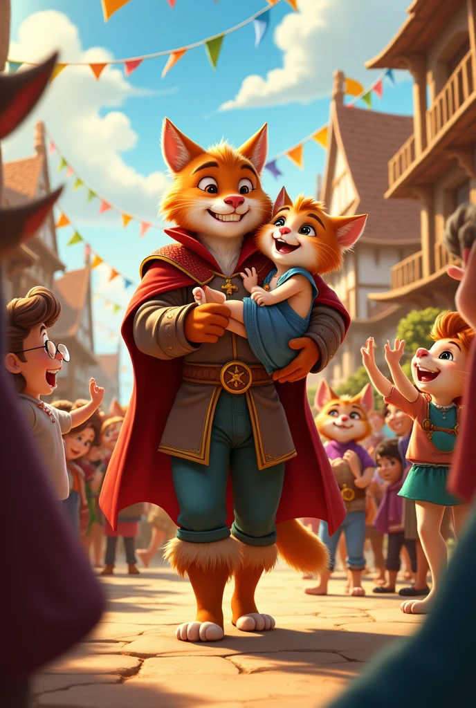 **Captain Whiskers and Paws Return to the Village:**
- Captain Whiskers, holding his daughter Paws in his arms, walks triumphantly through the village as the villagers cheer. The village is bathed in warm sunlight, with everyone smiling and celebrating their return. Paws looks up at her father with admiration, while Captain Whiskers is both relieved and proud.