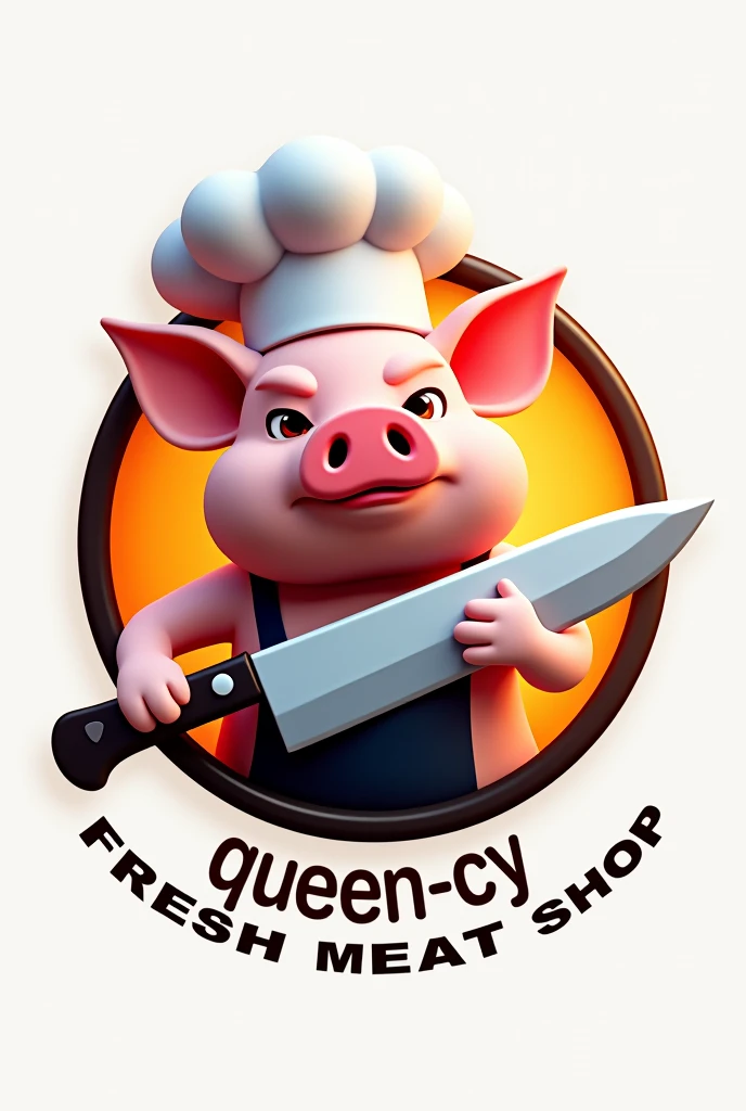 Create logo cyrcle 3D color with animation chief head pork holding chopping knife orange white and black 'QUEEN-CY' 'Fresh Meat Shop'