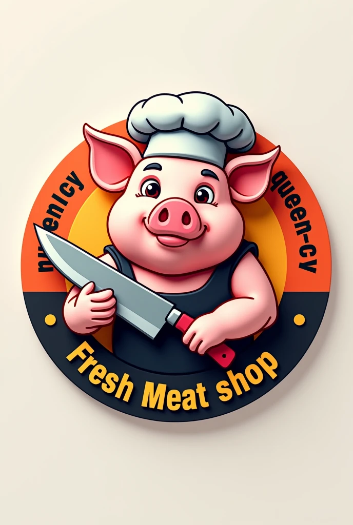Create logo cyrcle 3D color with animation chief head pork holding chopping knife orange white and black 'QUEEN-CY' 'Fresh Meat Shop'