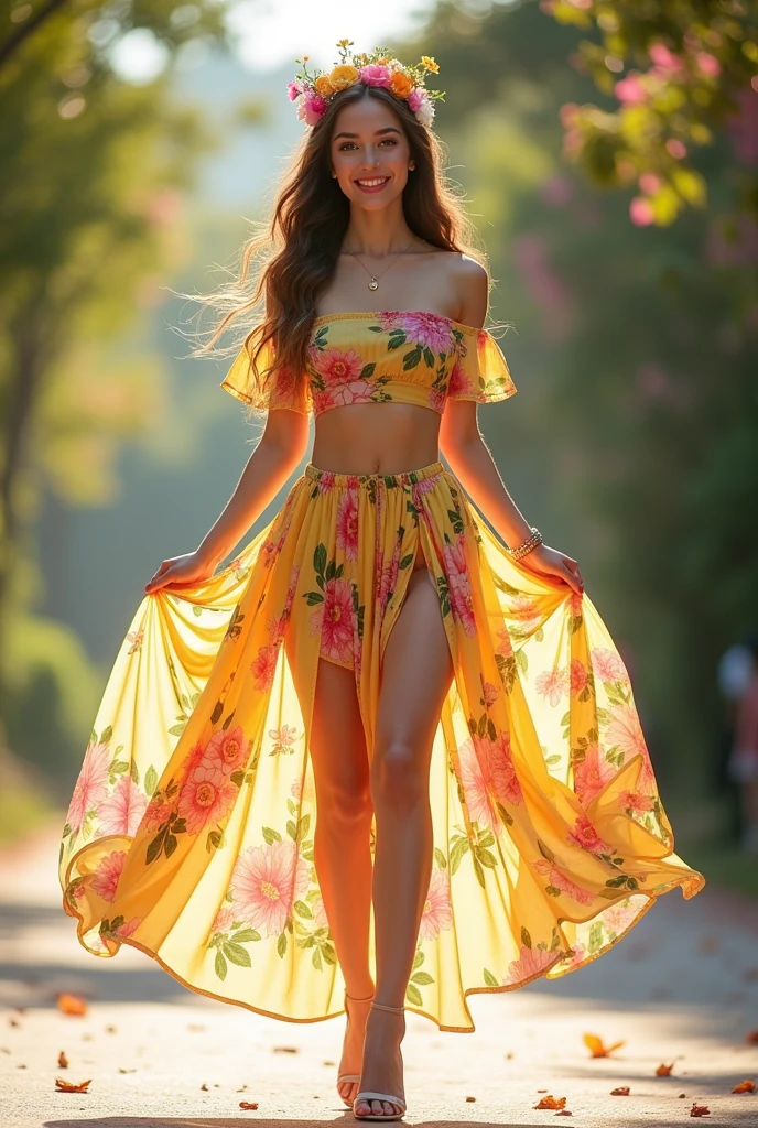 Ultra high quality，High heel，Long legs，happy，Sunlight，Off-shoulder，Floral skirt，full-body shot，Wear flowers on your head，charming，student