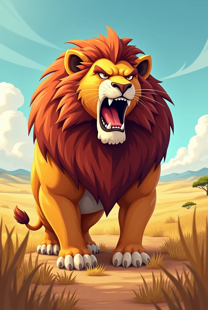 Detailed picture of a confident male anthro, (Lion, powerful body) standing proudly on the middle of the savanna, roaring with his mouth wide open. trending on Art Station, Ross Tran, ruan jia, foxovh, ((determined expression, cartoon