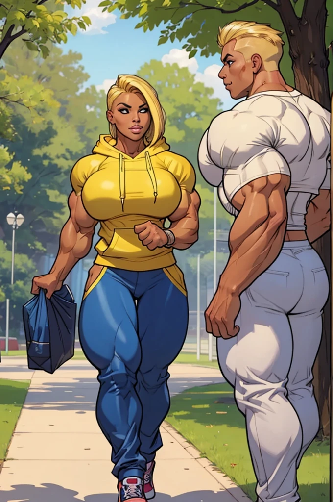 1girl, alone, coloured sketch, beautiful woman, blonde stylish haircut, extremely tanned, wearing hoodie, long baggy pants, strong well defined muscle, bulky powerful bodybuilder physique, muscular arms, perfect and flawless musculature, great muscle definition, perfect muscular body, massive muscular thighs, perfect round fake breasts, jogging in the park