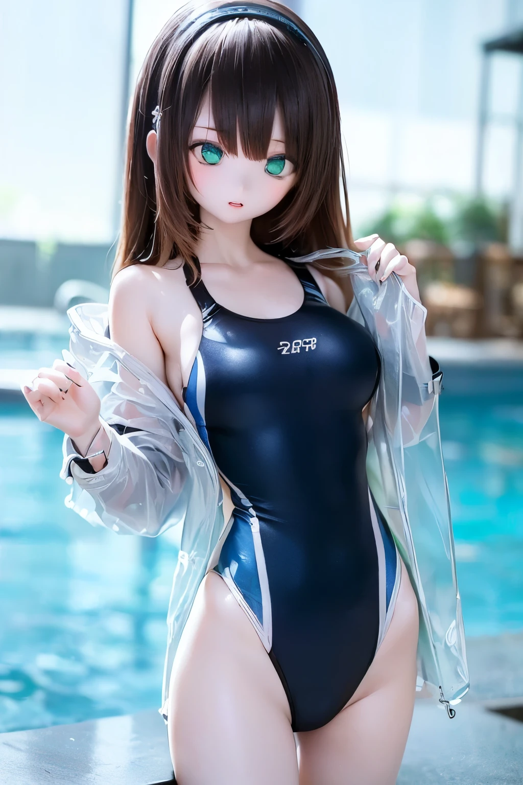 (SFW:2), photorealistic, realistic photo, 8k, ((highest quality)), ((masterpiece)), (extremely detailed), kukolnydom, doll, (mature woman, 21yo, 2, solo, raincoat, competition swimsuit, poolside:1.6), ((cowboy shot, standing, slim, slender, skinny, medium breasts, hairband)), (parted lips, green eyes, brown hair, long hair, plastic skin, looking at another, glass eyes, gradient eyes, shining eyes, detailed eyes:1.3)