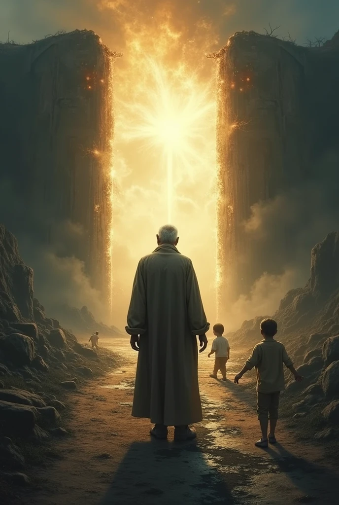 There are 2 roads. One that leads to the gates of heaven, one that leads to hell. On the right side a father stands alone before the gates of heaven. An the other side there is another road that leads to hell. The father is alone, looking back to his left and sees his kids in the distant playing at the gates of hell
