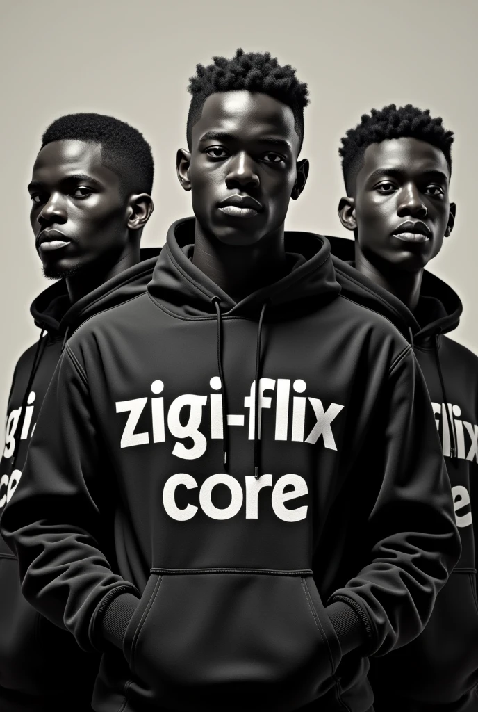 A powerful, realistic, high-quality and professional-looking 3 black young men, wearing a hoodie with the word "Zigi-flix Core" boldly printed on the hoodie.