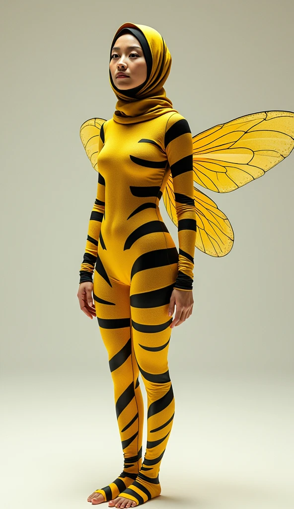 a beautiful and thin malaysian asian muslim adult girl with a shiny and beautiful face wears yellow bee lycra turtleneck unitard catsuit covered with black stripes with a pair of wings and always wear bee lycra dancewear hijab covered with black stripes.She is buzzing.