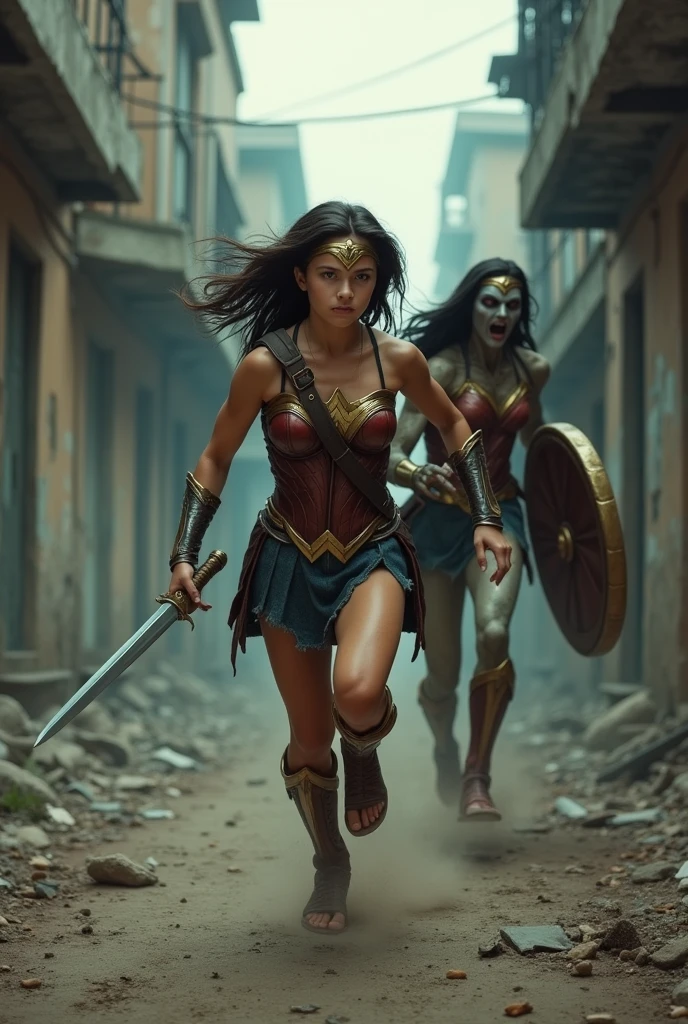 Young teenager dressed as a Greek Amazon warrior is chased by the  of zombie Wonderwoman
