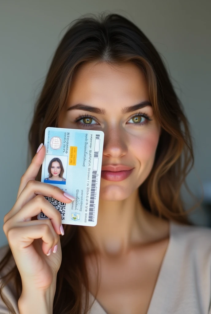 Selfie photo of a woman holding her personal identity card next to her face, Both the woman&#39;s face and the document&#39;s face are clearly visible., the ID is in horizontal format

